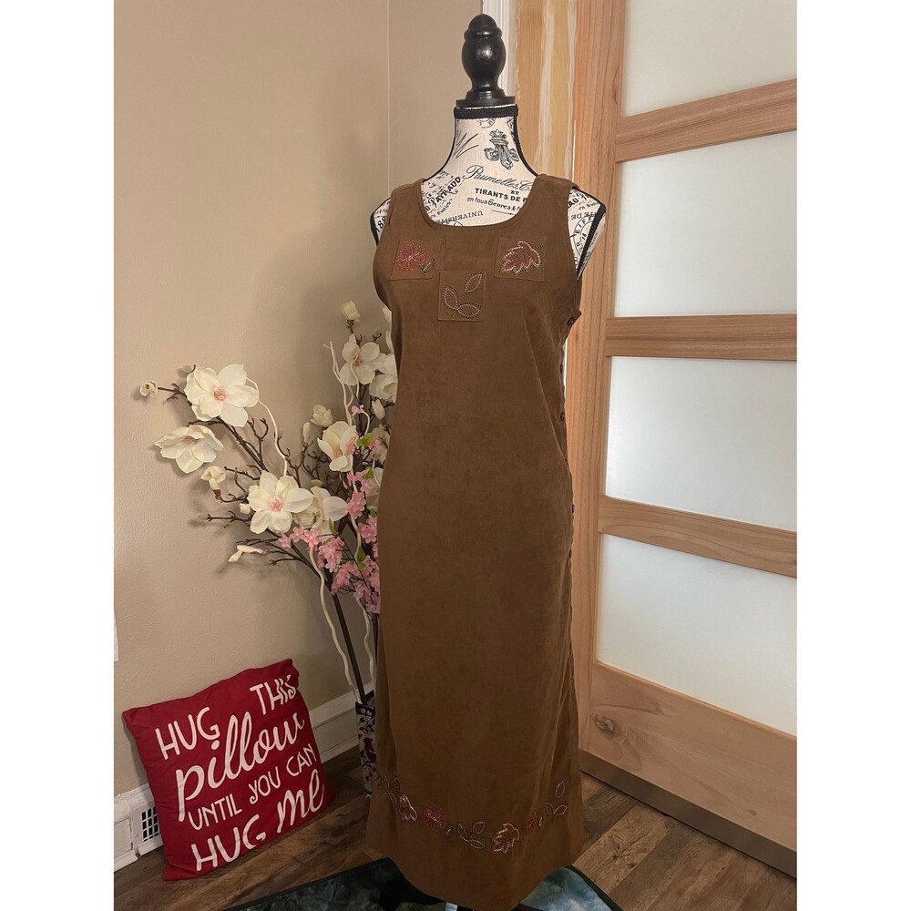 Erika Brown Suede Maxi Dress Floral Embroidered Cottagecore Timeless Vintage PS